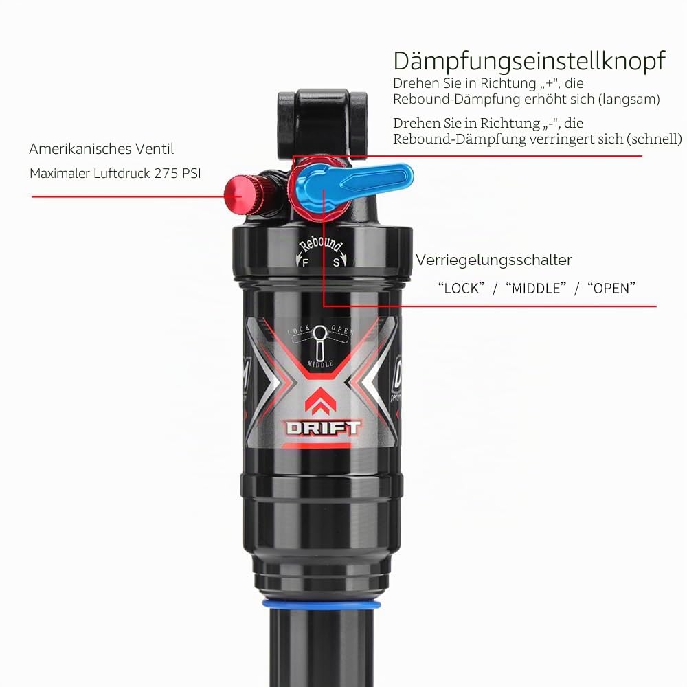 AO-8RC DNM Mtb Hinterrad-Stoßdämpfer für Mountainbike Luft-Hinterrad-Stoßdämpfer mit Lock Out - Einstellbarer Luftdruck - Dämpfungseinstellung (190 x 50 mm (7,48" x 1,97"))