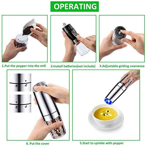 Gravity Electric Salt and Pepper Grinder Set,Battery Salt Pepper Grinder,Automatic Salt and Pepper Mills with Blue Light,Adjustable Coarseness,One Handed Operation,Cleaning Brush(Silver, 2pcs/Pack)