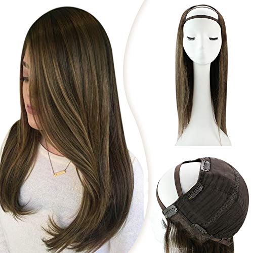 YoungSee U Part Wigs Clip in 18 inch U Part Wig Human Hair Clip in Medium Cap #4/27/4 Balayage U Part Hair Wig Clip in Human Hair Silky Straight U Part Half Wig 120g