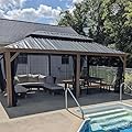 Domi Outdoor Living 12’x20’ Hardtop Gazebo, Wooden Coated Aluminum Frame Canopy with Galvanized Steel Double Roof, Outdoor Permanent Metal Pavilion with Curtains and Netting for Patio, Deck and Lawn