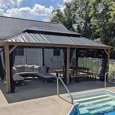Domi Outdoor Living 12’x20’ Hardtop Gazebo, Wooden Coated Aluminum Frame Canopy with Galvanized Steel Double Roof, Outdoor Permanent Metal Pavilion with Curtains and Netting for Patio, Deck and Lawn