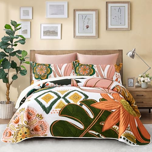 Image of Tyrot 2 Piece Boho Floral Quilt Sets Twin Size Farmhouse Botanical Reversible Lightweight Bedspread Coverlet with 1 Sham Mid Century Leaves Microfiber Bedding Quilts Set for All Season, 68''x86''