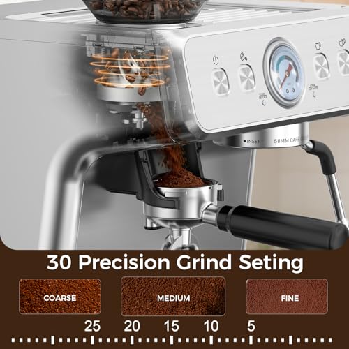 Image of Espresso Machine with Grinder,Expresso Coffee Machines, Professional Coffee Maker for Latte & Cappuccino with Milk Frother, Expresso Machines for Home, Removable Water Tank, Steam Wand-Silver