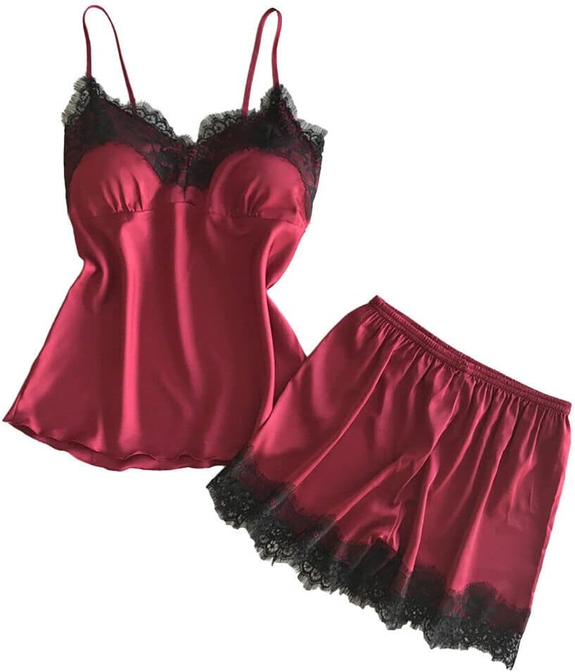 Womens Babydol Pajama Set Sexy Lingerie Satin Sling Sleepwear Lace Bowknot Solid Sleeveless Knot Sling Sleepwear with Underwear Honeymoon Y109