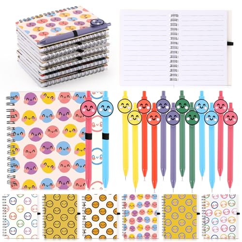 Sinload 24 Pcs Valentines Smile Spiral Notebooks Pens Gifts Bulk Boss Day Preppy Affirmation Ballpoint Pens Positive Face Classroom Prize Gifts for Student Teacher Coworker(Lined Journal)