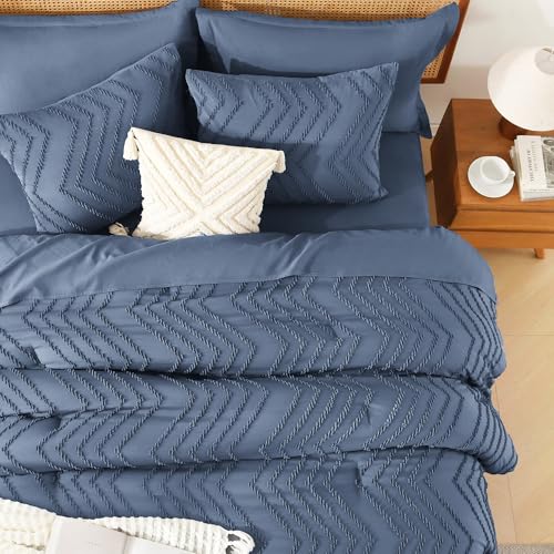 Image of Litanika Queen Size Comforter Set with Sheets Ocean Blue - 7 Pieces Bed in a Bag Queen Chevron Tufted Complete Bedding Sets with Comforter, Sheets, Pillowcases & Shams