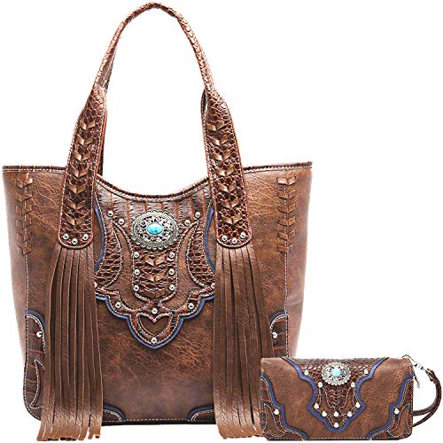 Western Style Cowgirl Fringe Concealed Purse Conchos Totes Country Women Handbag Shoulder Bags Wallet Set (1 Brown Set)