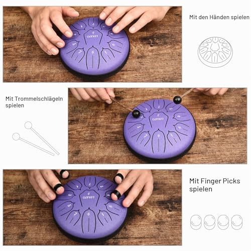 LEKATO Zungentrommel 6 Zoll, Tongue Drum mit 11 Tönen, D-Dur, Legierter Stahl, mit Stoffbeutel, Steel Pan Schlaginstrument für Anfänger, Handpan Drum für Klangheilung Meditation Yoga, Lila