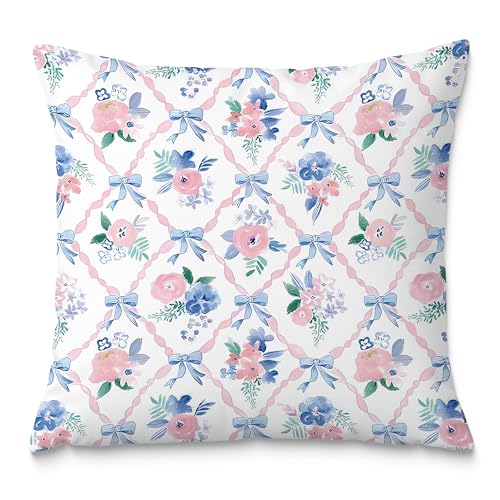 Fuasei Coquette Bow Pillow Covers 18x18, Coquette Room Decor, Preppy Pink and Blue Floral Pillow Covers, Preppy Room Decor, Girly Bedroom Decor, Coquette Stuff, Bow Room Decor