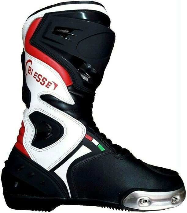 BI ESSE Kit: Tuta Moto Divisibile Viaggio in pelle e tessuto (giacca e pantaloni) con protezioni complete, guanti, Stivali (Nero Rosso Bianco, 47)