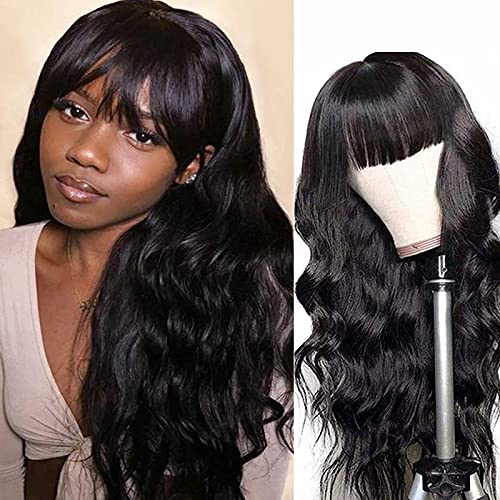 Body Wave Wigs with Bangs Human Hair 150% Density Virgin Brazilian Hair Glueless Machine Made Human Hair Wigs for Black Women 16 Inch
