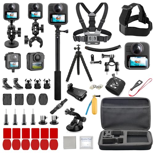 60-in-1 Accessories Kit Compatible with GoPro Max 2 with 70m Waterproof Housing Case Tempered Glass Screen Protector Floaty Bobber Grip Large Carrying Case Mounts Chest/Head/Handlebar (Max 2)