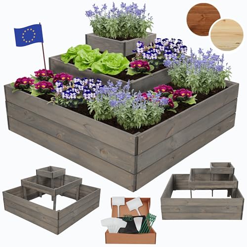 MODO24 Hochbeet Kräuterbeet Gartenbeet Pflanzbeet Blumenbeet Stufenbeet Holz Stufen Treppe für Garten und Terrasse Kiefernholz Massivholz Abmessungen 45x92x92 cm Farbe: Grau