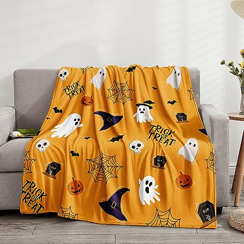 Halloween Blanket Pumpkin Ghost Witch Blanket Cartoon Halloween Throw Blanket for Kids Boys Girls Soft Lightweight Cute Blanket for Bedroom Couch Sofa (Throw(50"x60"), Yellow)