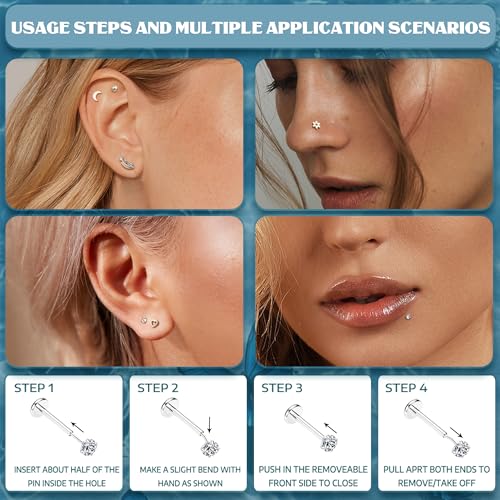 YADOCA 20G Threadless Flat Back Earrings for Women Men - Hypoallergenic Surgical Steel Push in Nose Stud Rings Labret Cartilage Lip Rings Medusa Nostril Conch Tragus Piercing Jewelry 18 Pairs3