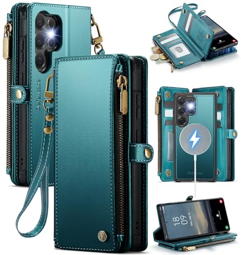 Defencase for Samsung Galaxy S25 Ultra Magnetic Wallet Case Compatible with Magsafe with RFID Blocking Zipper & Card Holder Women PU Leather Detachable Phone Case for Galaxy S25 Ultra 6.9 Blue Green