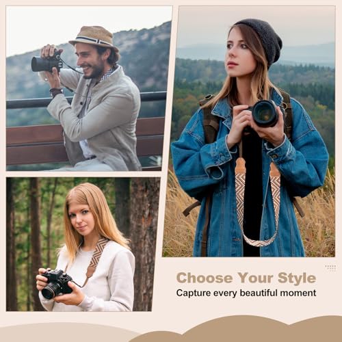 Image of Universal Camera Strap - Camera Neck Strap, Adjustable Shoulder Straps Compatible with Canon, Fujifilm, Nikon, Olympus, Panasonic and other SLR and mirrorless cameras - Brown White Gquares