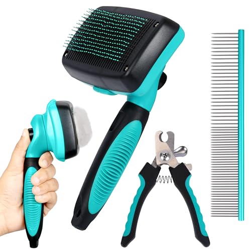 Belle Vous Kit per la toelettatura del cane, con spazzola autopulente, tagliaunghie e pettine, rimuove peli sciolti e grovigli, peli lunghi e corti, gatti e cani
