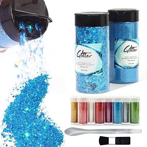 Craft Glitter, 380g Nail Glitter Powder 10 Jars Glitter with Tools,AARDWO Vibrant Multi-Purpose Glitter for Body,Eyeshadow,Cosmetic,Nail Arts,Crafts,Decoration,DIY(Star&Moon Shape, Blue)