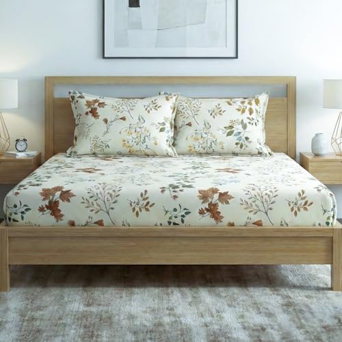 Image of Home Sizzler Microfibre Autumn Floral Printed All-Around Elastic Fitted King Size Bedsheet (72 X 78) with 2 Pillow Covers - White /Earthy Tones