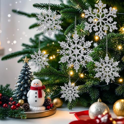 Image of Glitter Christmas Silver Plastic Snowflake Ornaments for Winter Holiday | 60pcs, 4 sizes. Perfect for Christmas tree, birthday party, wedding decor, crafts
