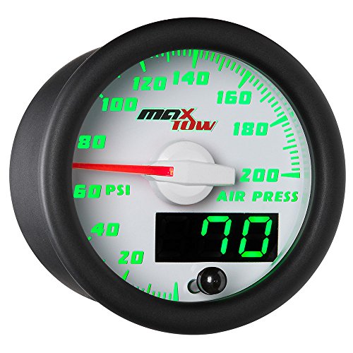 MaxTow Double Vision 200 PSI Air Pressure Gauge Kit - Includes Electronic Sensor - White Gauge Face - Green LED Dial - Analog & Digital Readouts - for Air Ride Suspension Systems - 2-1/16" 52mm