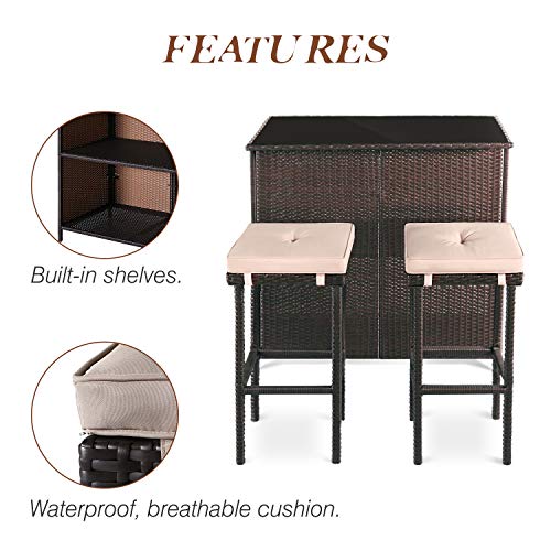 Solaura 3-Piece Outdoor Patio Bar Set Black Brown Wicker Bar Table Set Patio Furniture Set Outdoor Bar And Two Stools With Cushions For Backyards, Lawn, Garden, Deck, Or Poolside #TOP4