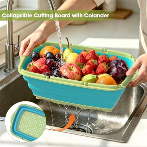 Image of Gintan Camping Cutting Board, 9-in-1 Collapsible Chopping Board with Colander, Kitchen Vegetable Washing Basket for Camping, Camping Gifts Camping essentials for RV Campers (Blue Green)