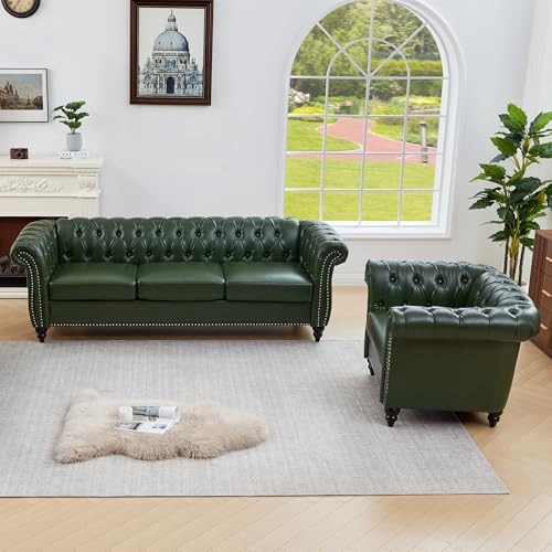 Image of QHITTY 2 Piece Living Room Set, Chesterfield Sectional Sofa Chair Contemporary Upholstered Leather Loveseat Couch Sets for Living Room, Bedroom, Office (Green)