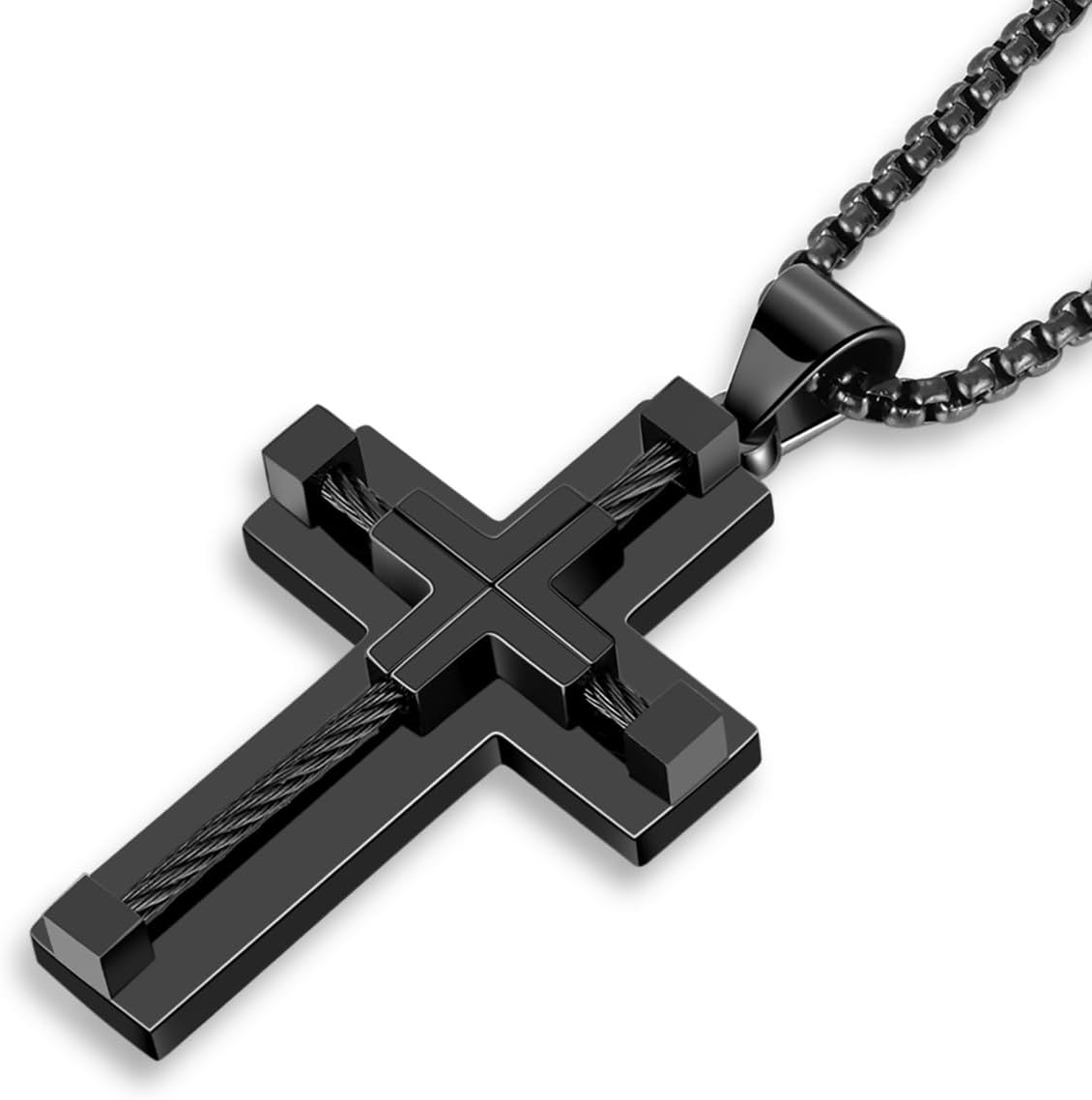 Cross Necklace for Men 316L Stainless Steel Big Jesus Christ Silver/Gold/Black Men's Cross Pendant Necklace Rolo Chain