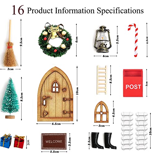 Aniepaa Gnome Door Christmas, Gnome Door Nissedor with Accessories, Christmas Gnome Door Set, Gnome Door Christmas Tree Wreath Wooden Ladder Gnome Broom Rubber Boots Carpet Miniature Garden Furniture (16 Pieces) - Image 4