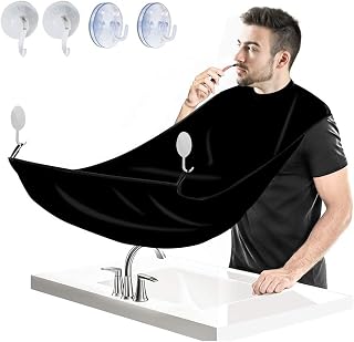 Beard Bib Apron Kit for Men Trimming and Shaving, Adjustable Neck Straps Hair Clippings Catcher, Waterproof Non-Stick Grooming Cape Apron with 4 Suction Cups, black