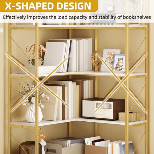 DWVO Corner Bookshelf, 5-Tier L-Shaped Bookshelf Storage Organizer, Tall Corner Bookcase Open Display Freestanding Storage Rack for Living Room, Home Office, Gold