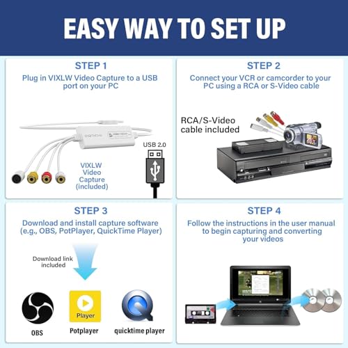 Image of VHS TO Digital Converter, USB Video Capture Card, Video Capture Device, RCA TO USB Converter,Convert VHS VCR Hi8 Mini DV to Digital /DVD,For Tape Player Camcorder Camera PC TV,Windows Mac OS Compatible