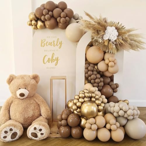 Image of Brown Gold Balloon Garland Arch Kit, 18 12 10 5 inch Different Sizes Brown Beige Nude Metallic Confetti Gold Balloons for Birthday Party Netural Bear Baby Shower Decorations