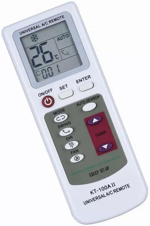 Angled front view of the KT-100A II remote control, highlighting buttons