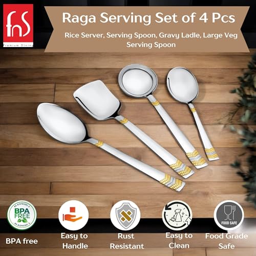 Image of FnS 4 Pieces Stainless Steel Serving Set | 1 Rice Spoons, 1 Veg Serving Spoon, 1 Soup Ladle (Karchi) & 1 Serving Spoon | Premium 24 Karat Gold Plated for Home, Kitchen & Dining Table (Raga Design)