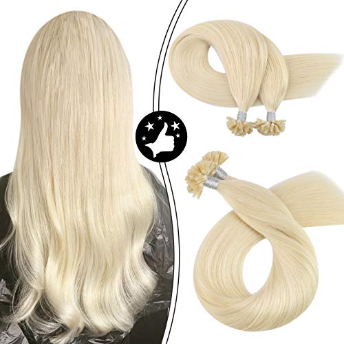 Human Hair Fusion Extensions, Moresoo U Tip Hair Extensions 22 Inch Blonde Hair Extensions Color #60 Platinum Blonde Pre Bonded Hair Extensions Human Hair Silky Soft Hair 50G 50S Per Pack