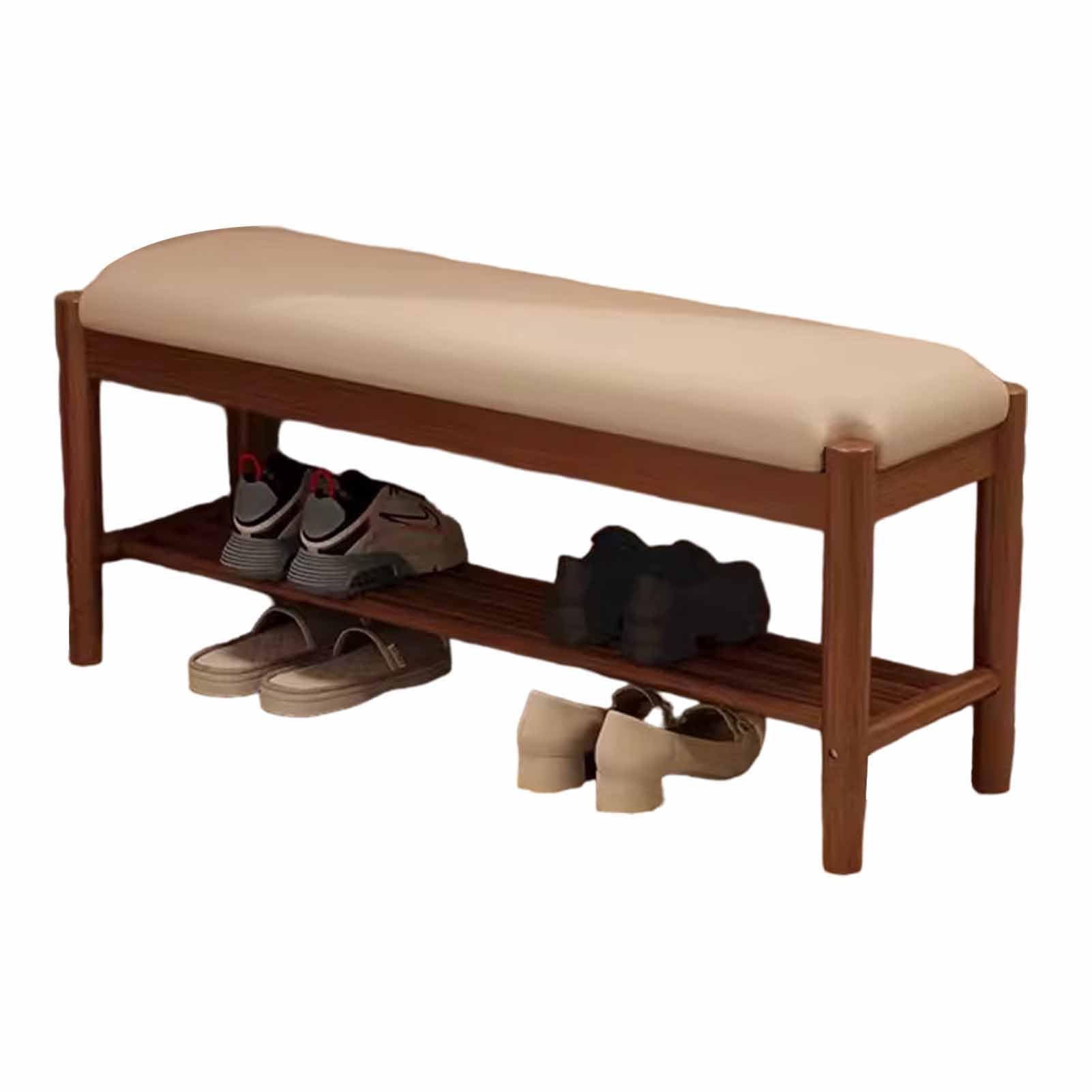 LWJSOCP Wooden Entryway Shoe Storage Bench Upholstered Rattan Bench for Bedroom & End of Bed Stylish PU Leather Cushioned Storage ating Solution