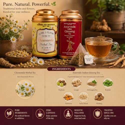 Image of Sancha Tea Boutique, Tea Combo Pack: Chamomile Flower, 50g & Indian Ginseng /Ashwagandha Teas (25 Pyramid Bags), Caffeine Free Herbal Tisanes