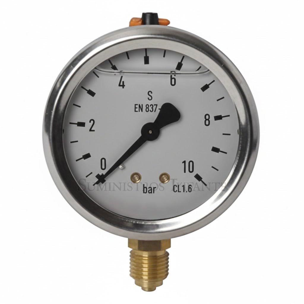 Suinga MANOMÈTRE sphère GLYCÉRINE 0-10 Bar 1/4". Utilisé en plomberie et jardinage pour CALCULER la PRESSION exacte de fonctionnement dans les tuyauteries, gris
