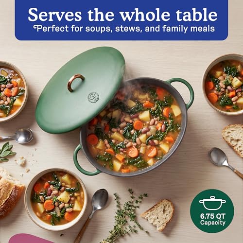 Image of Great Jones 6.75 Quart Enameled Cast Iron Dutch Oven Pot w /Lid (Broccoli) | Large Dutch Oven For Bread Baking, Oval with Dual Handles, All Stovetop Safe up to 500, Non Stick & Dishwasher Friendly