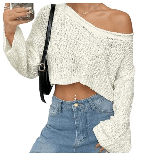 SweatyRocks Women's Casual V Neck Off Shoulder Crochet Sweater Long Sleeve Pullover Loose Tops3