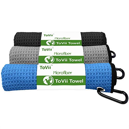 ToVii 3 Pack Golf Towel Microfiber Waffle Pattern Golf Towel with with Heavy Duty Carabiner Clip Multicolor Blue