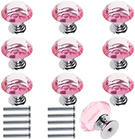 10 x Diamond Crystal Glass Kitchen Bedroom Wardrobe Door Knobs Pull Handle Drawer 30mm (Pink)