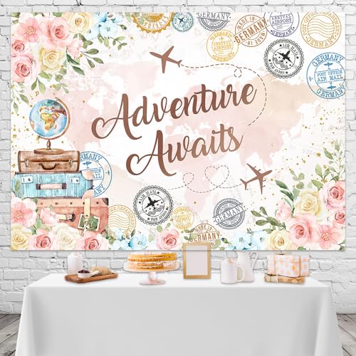 Mocsicka Adventure Awaits Backdrop Pink Floral Let The Adventure Begin Party Decorations Photo Backdrops World Map Global Travel Airplane Birthday Bridal Shower Photography Background (7x5ft)