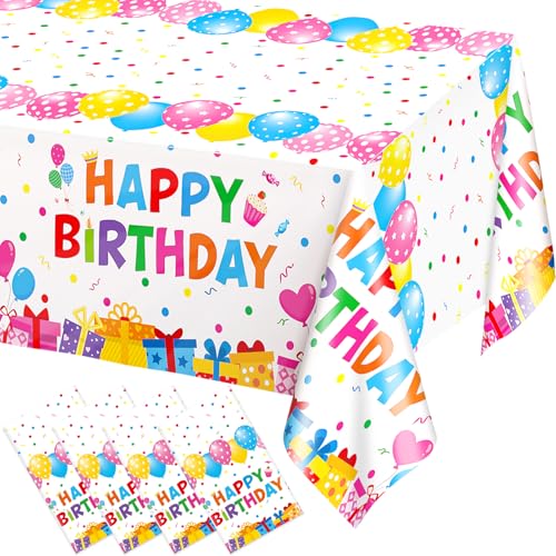 Image of WNINK 4 Pack Happy Birthday Plastic Tablecloths, 54x108 Inch Disposable Waterproof Birthday Party Table Covers, Colorful Polka Dot Rectangle Tablecloths for Kids Boys Girls Birthday Decorations