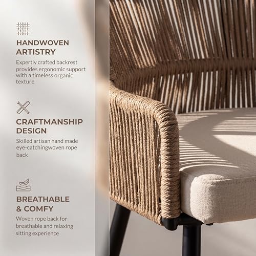 Image of HNY Farmhouse Woven Bar Stools Set of 4, 26 Inch Linen Upholstered Rattan Barstools with Curved Backs, Modern Cane Counter Height Bar Chairs with Metal Legs and Armrest for Kitchen Island, Beige
