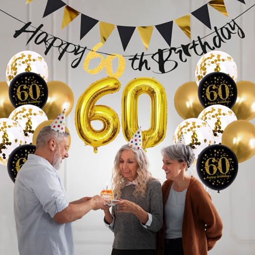 Image of Jobkoo 60th Birthday Decorations, Black Gold 60th Birthday Party Decoration for Men Women Golden Black Balloons 60th Cake Topper 60th Banner for 60 Year Old Party Supplies