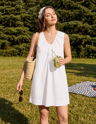 Image of MISSACTIVER Women's Sleeveless Babydoll Tank Mini Dress Scoop Neck Ruched Short Dress with Side Pockets Summer Party Dresses